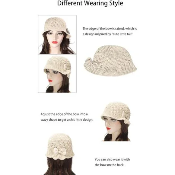Women Winter Crochet Bucket Hat Bow Beige